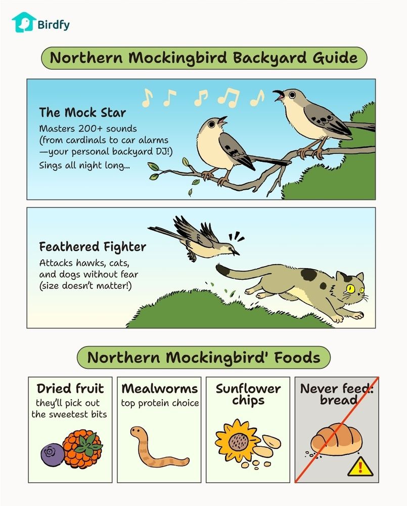 A graphic of The Northern Mockingbird Backyard Guide with several panels discussing behavior like chasing hawks, cats, dogs, and humans. 
