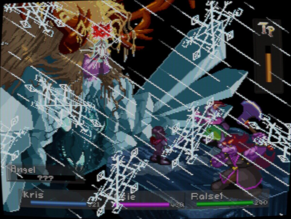 Same as last two pictures, but the angel's face has distorted into a glowing Münch-esque scream. The screen is slightly dimmed and a snowstorm is blowing through the heroes.