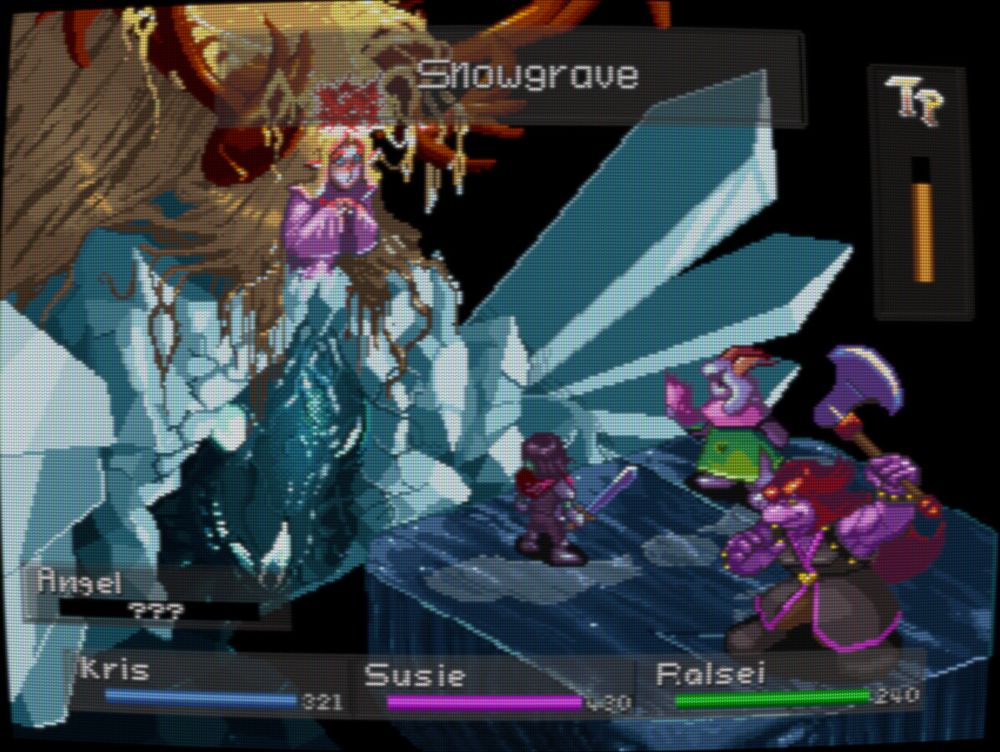 Same scene as the last image, but the heads up display shows the message, "snowgrave." and the goddess figure has her bright blue eyes open