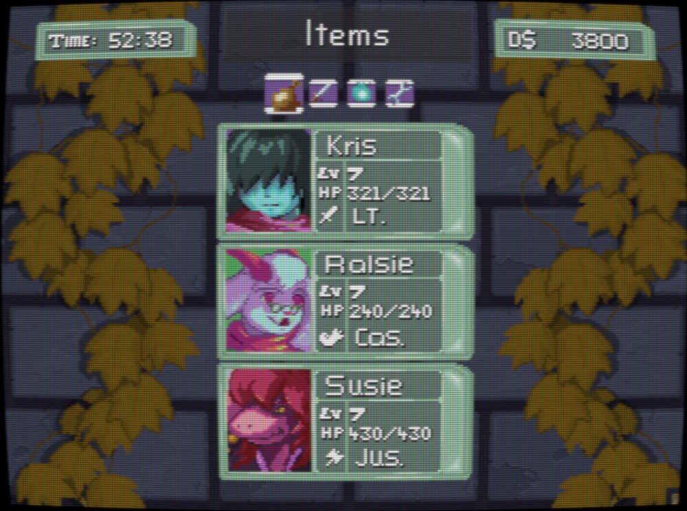A menu screen showing the character portraits of the heroes, again labelled as Kris, Ralsei and Susie. The menu shows misc. stats like hp, money held, weapons equipped and the time played. The background is a brick wall with autumn dry vines growin on it.
