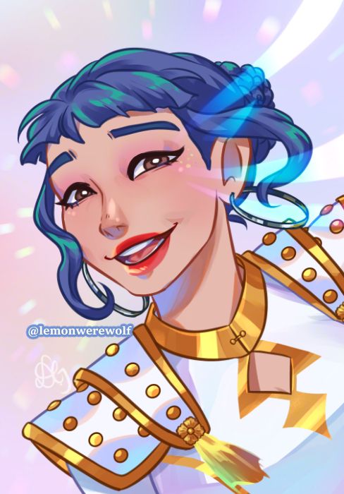 Drawn art of Zoey from Kpop Demon Hunters.  She is wearing a white and gold outfit and smiling while a rainbow light shines around her.