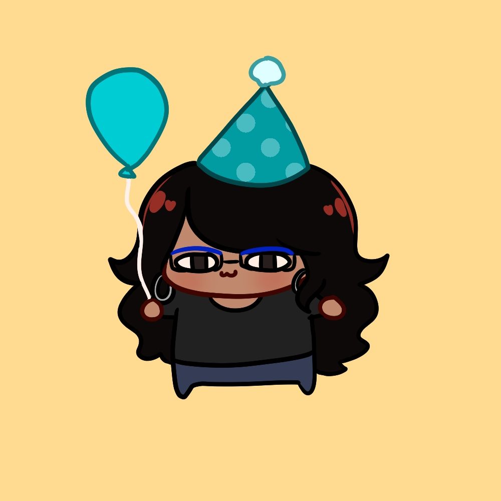 A drawn portrait of me, miniaturized. I have a birthday hat and am holding a birthday balloon.