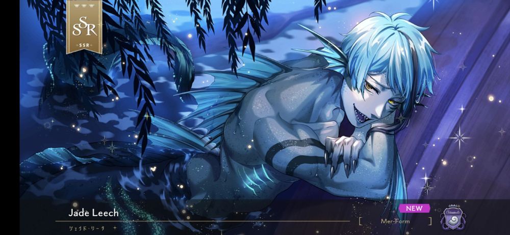 Jade Leech in his mer-eel form.  It's night time and he is leaning against an overturned boat in the water, and resting his head on his muscular arms.