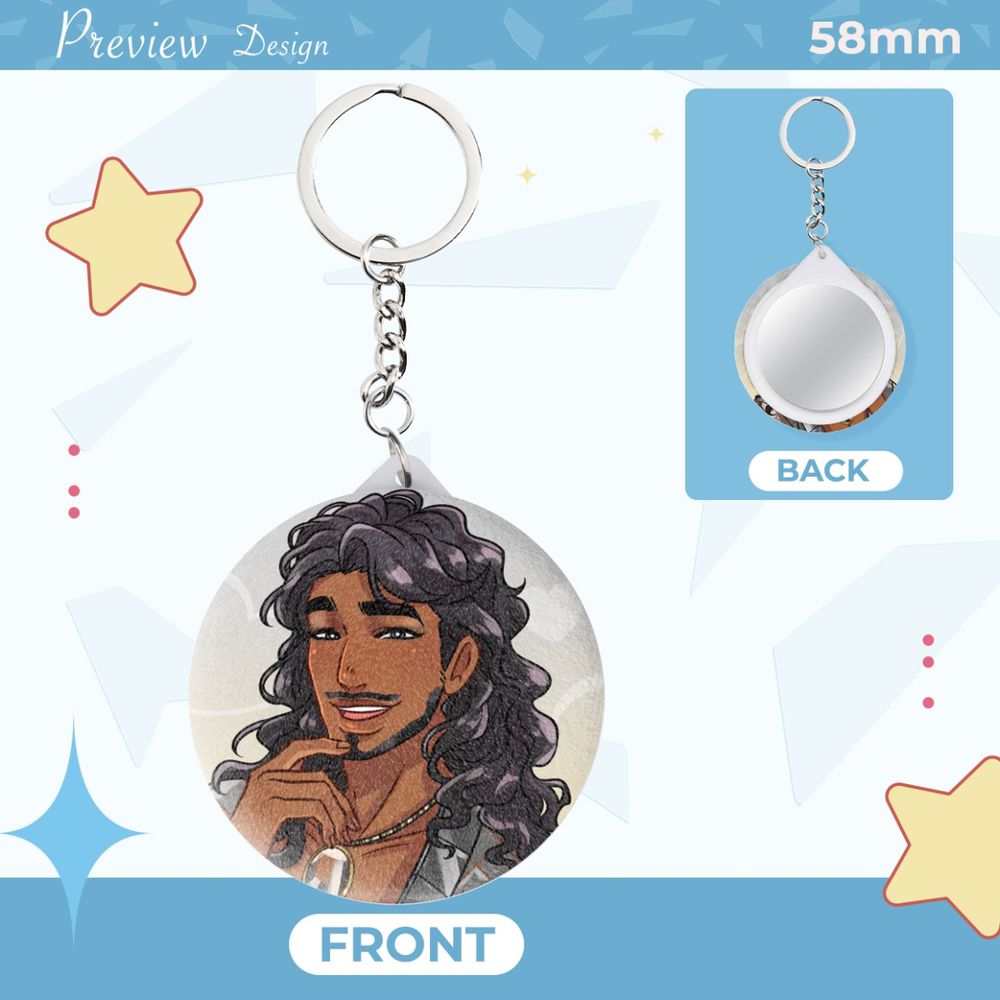 A round, mirror plush charm of Amir.  Amir is smiling on the plush part, and on the back is a mirror.