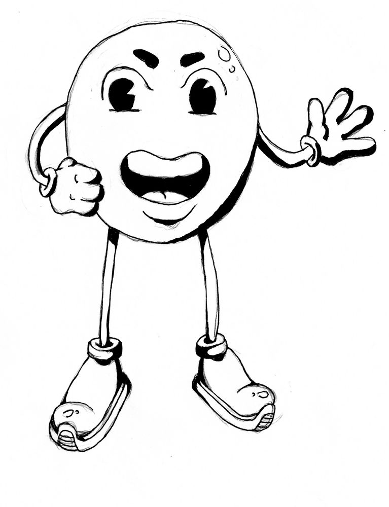 Pen and Pencil drawing of a  smiling circle face with arms and legs that is waving. 