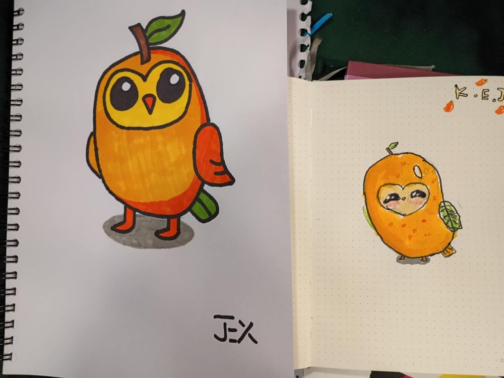 Two drawings of a mango owl