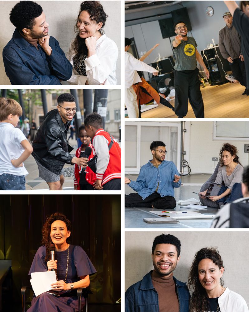 Collage featuring Raquel Meseguer Zafe and Dominic Mitchell, including headshots (one facing the camera, one in profile - facing each other), and images of them leading events individually and together.