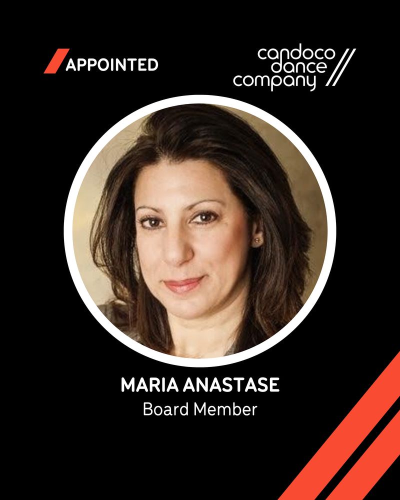 A promotional poster announcing Maria Anastase - a new member joining Candoco’s Board. The design features a black background with white text: the word ‘Appointed’ appears in the top left beside a white Candoco logo. Centred in the poster is a circular headshot of Maria - a person with long, straight brown hair, wearing a grey jacket and a matching top, smiling gently at the camera. White text reading "Maria Anastase Board Member" appears at the bottom. Bold orange forward slashes reflect the company’s branding. 