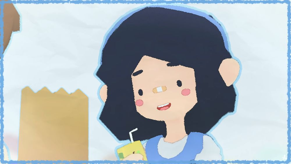 A screenshot from Pieces of Powder, Episode 2. Marcy, a young girl with tan skin and shoulder-length black hair, is smiling and holding a juice box. She has a bandage on her nose and is wearing a blue headband that matches her outfit. 