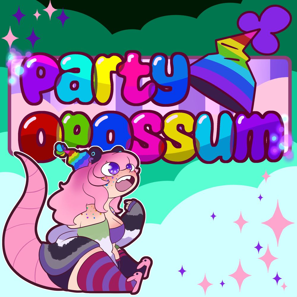 A brightly colored banner that says "Party Opossum" in rainbow balloon letters, a crumpled rainbow party hat on it, and vtuber Party Opossum in the front surrounded by sparkles on a fluffy teal background