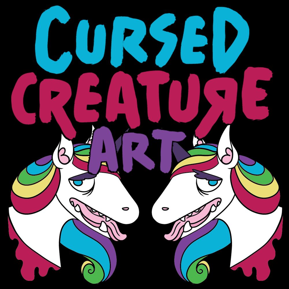Logo that says "Cursed Creature Art" with two rainbow unicorns with dog mouths under and behind it
