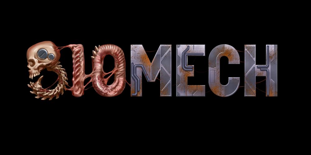 BIOMECH logo
The B is comprised of a skull and curved spine, with plating on the side of the skill. The I and O are viscera and gore
"MECH" is metallic, plated lettering, spotted with rust