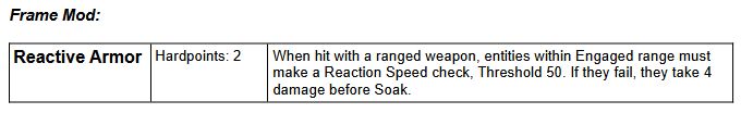 Reactive Armor
Hardpoints: 2
When hit with a ranged weapon, entities within Engaged range must make a Reaction Speed check, Threshold 50. If they fail, they take 4 damage before Soak.
