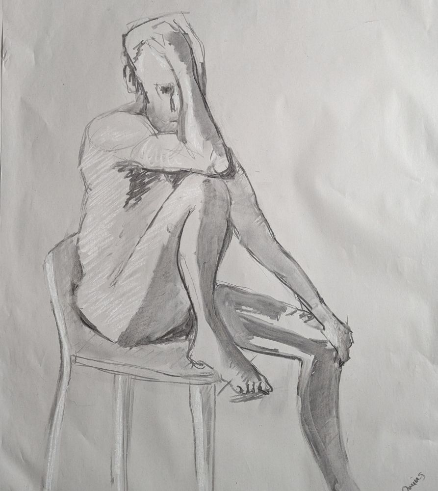 20 minute charcoal sketch of a seated man. Style is loose and scribbled. Highlights indicated with white chalk.
