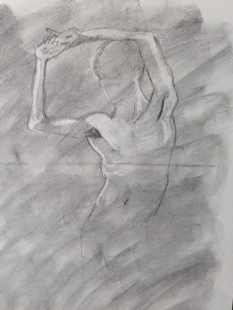 Charcoal sketch of the front of a standing man's torso, hands clasped, arms raised above head, lifting to the right.