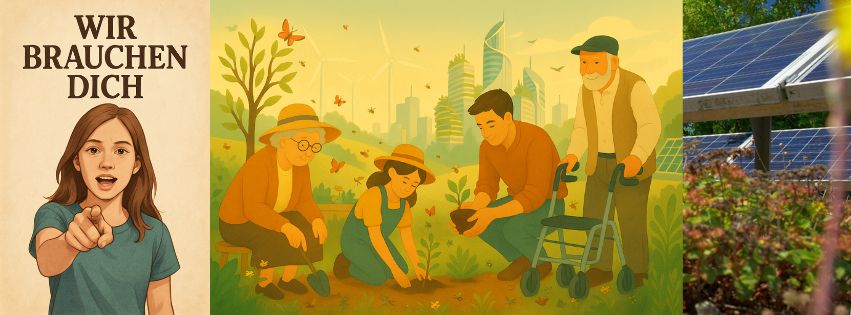 das ist ein Header, den ich erstellt habe
links eine lebendig wirkende Illustration von einem Mädchen, das auf den Betrachter zeigt und darüber der Text: WIR BRAUCHEN DICH
in der Mitte eine eher dekorativ wirkende Illustration von 4 Personen aus verschiedenen Generationen, die in einem Garten etwas anpflanzen, im Hintergrund eine Stadt der Zukunft, etliche Schmetterlinge + Co. flattern rum, rechts eine Ecke von einer PV-Installation, die in den rechten Teil des Headers übergeht, wo ein Foto von einer realen PV-Anlage ist auf einem begrünten Dach 