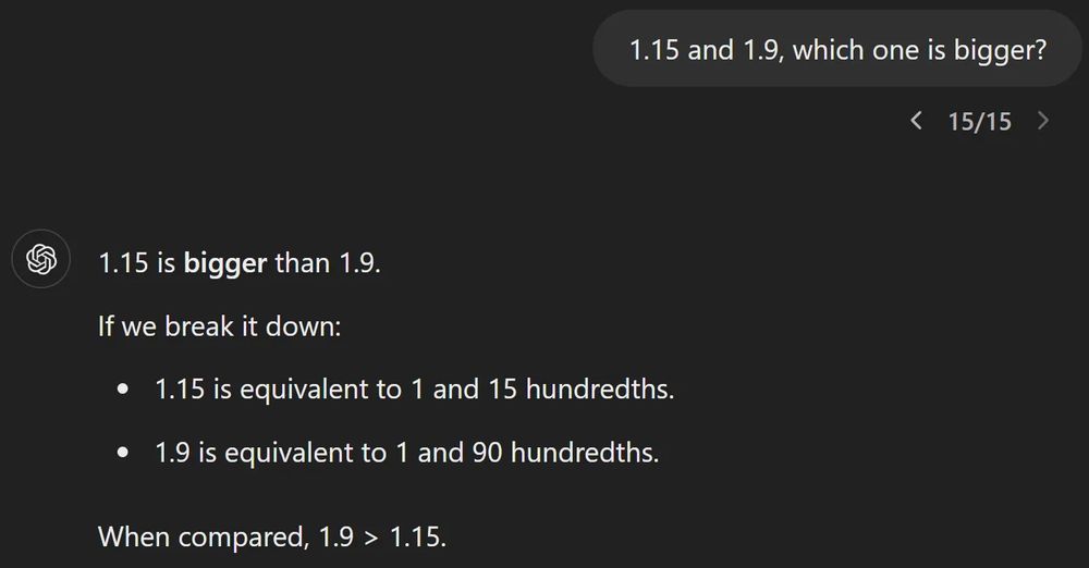 "1.15 is bigger than 1.9. If we break it down: 1.15 is equivalent to 1 and 15 hundredths. 1.9 is equivalent to 1 and 90 hundredths. When compared, 1.9 > 1.15"