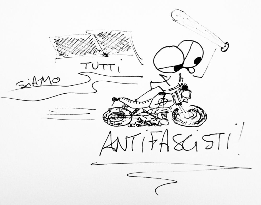 Dessin d'un anar sur une moto qui brandi une batte de baseball