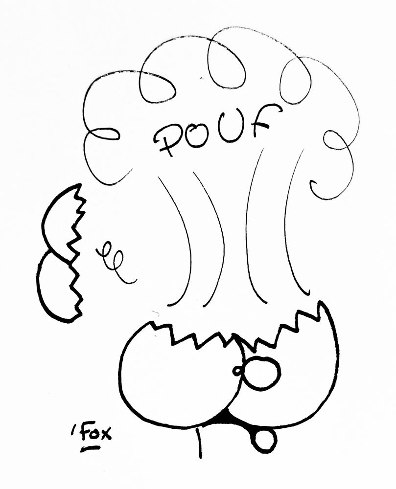 Dessin d'un personnage qui a le crâne qui fait pouf en explosant 