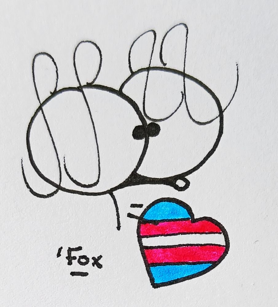 Dessin d'un personnage avec un gros cœur aux couleurs trans 