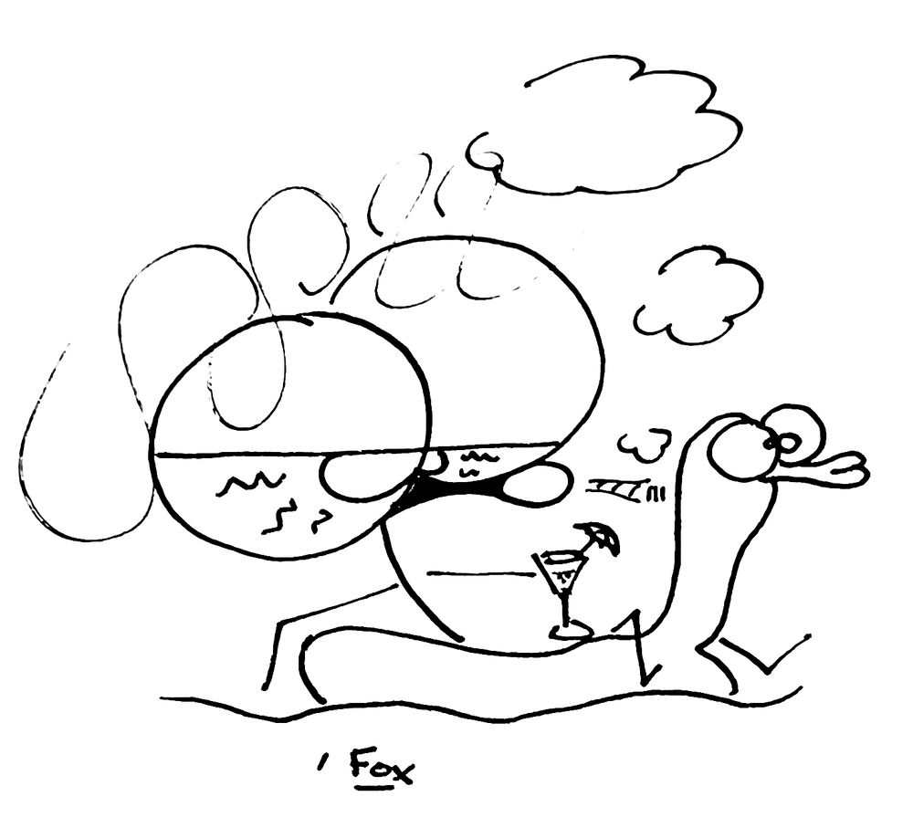 Dessin d'un personnage en full chill en bouée avec un bedo 