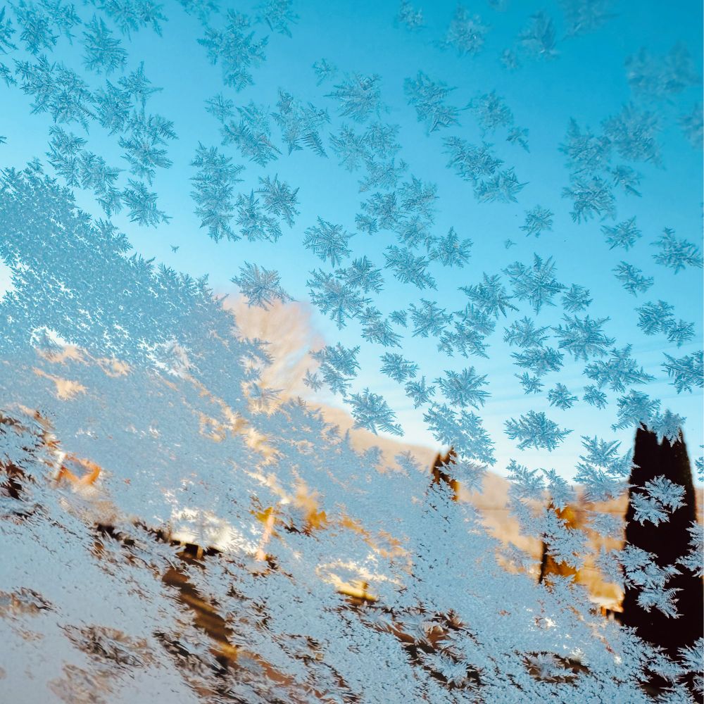 What might not be obvious is the car window is full of mini frozen snowflakes. In the background is the light blue morning sky (the irony!) and a mountain with one thick tree on the very right bottom. 