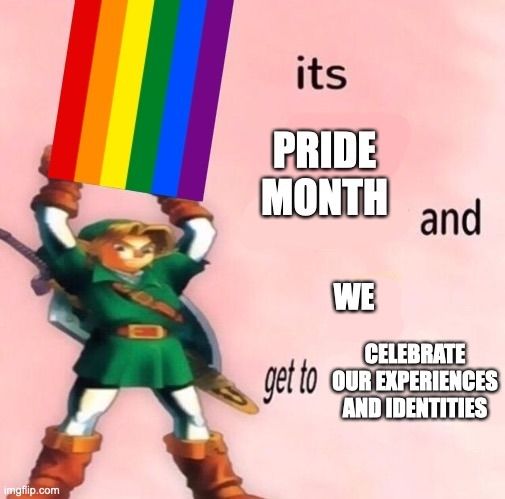 Link from Ocarina of Time holding a Pride flag above his head