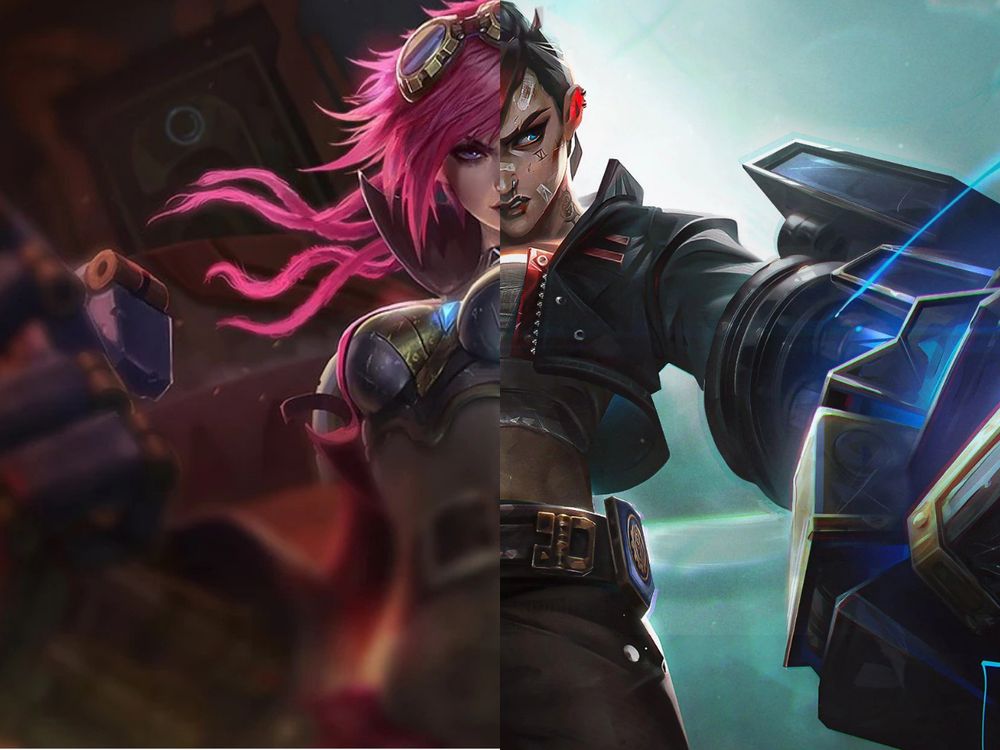 A split image of Vi from the game League of Legends. The left side is Vi's original splash art showing her pink hair and goggles on her head. The right side is Brawler Vi's splash art showing her bruised and cut face, black jacket, and, blue gauntlet.