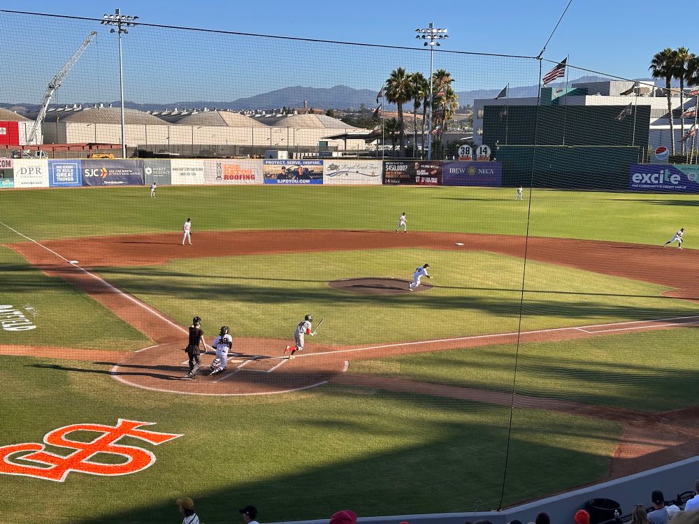 The start of the Tuesday evening (8/5/2025) game between the Visalia Rawhide and the San Jose Giants. Despite this lead off hit by Visalia, the Giants would go on to win 13-0. #Go Giants