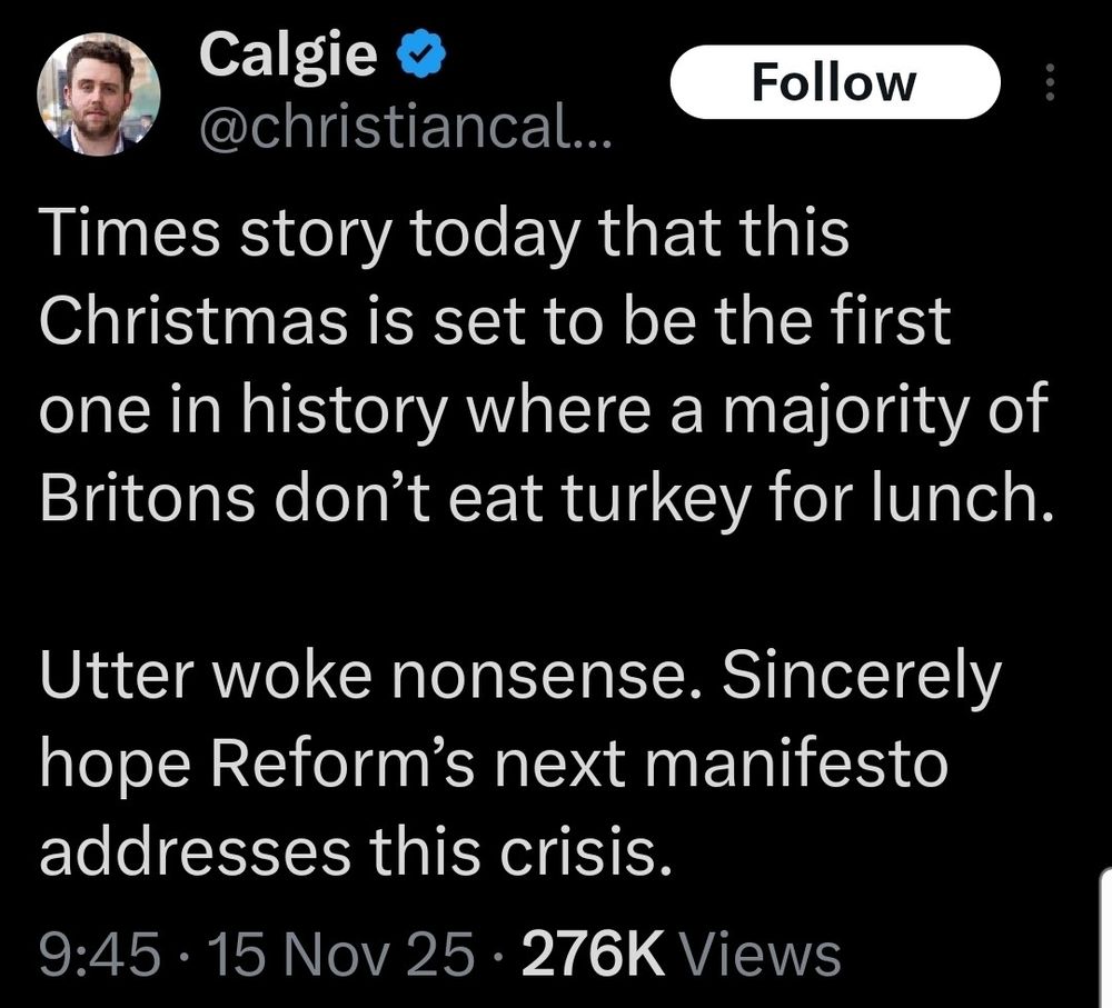 Professional imbecile Christian Calgie opining that not eating turkey is woke