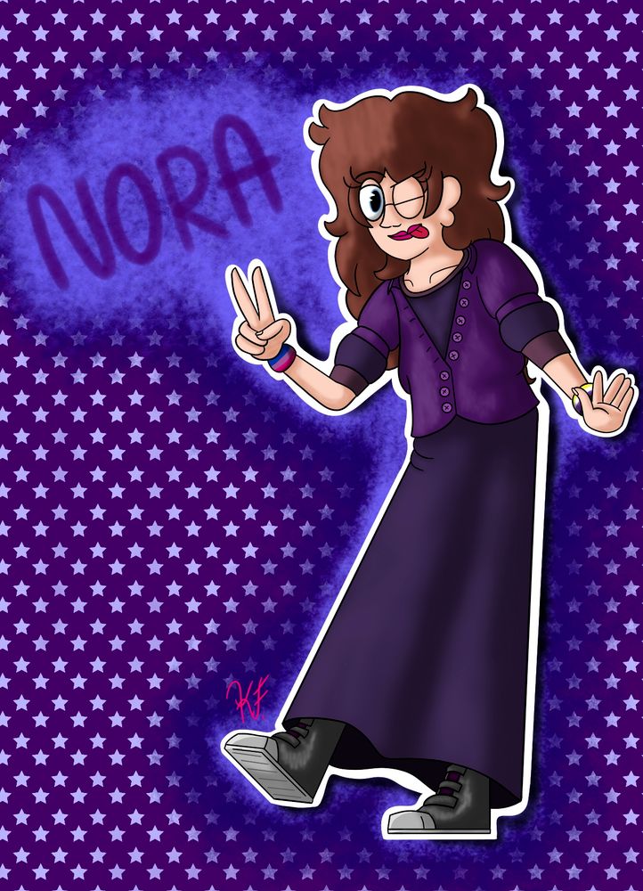 Nora pulling a peace sign with her hand, while sticking her tongue out and lifting her foot to pull a somewhat silly pose.

Happy Birthday, Nora!
