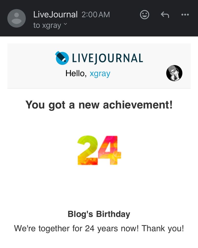 Screenshot of an email from the online site, LiveJournal to commemorate that I created an account there 24 years ago. 24 is depicted as a colorful graphic 