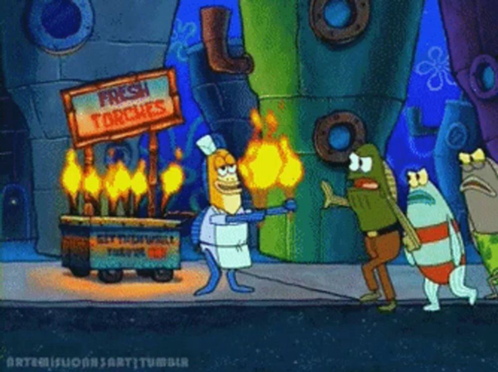 a cartoon scene from spongebob squarepants with a sign that says " fresh torches "