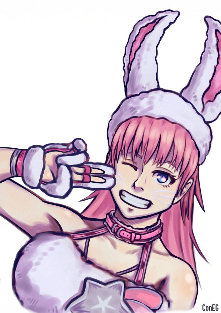 iris sagan (a-set, you bet!) from ai:the somnium files, specifically in her new bunny girl outfit featured in the upcoming "no sleep for kaname date" game. she's doing a big cheesy smile, a wink, and holding her right hand's index and middle finger up to her cheek 🎨