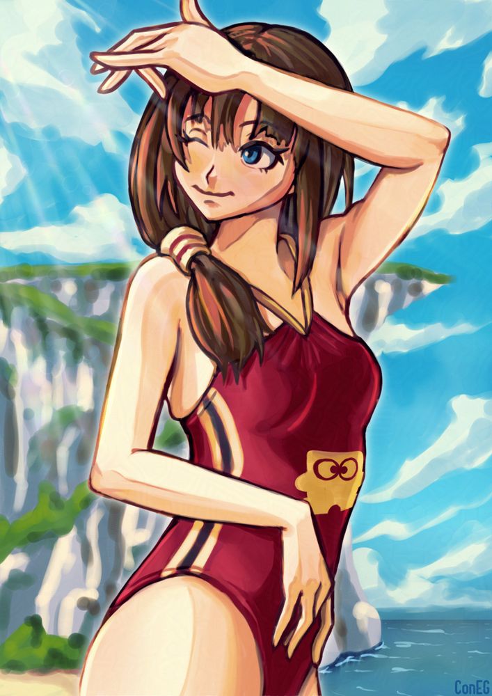 ayumi tachibana from the famicom detective club series in a one-piece bathing suit that is mostly red, with some yellow-ish off white and black stripes on the side and a yellow tie around the neck. on the center of the swimsuit is diskun, the famicom disk system's mascot.

ayumi has one eye closed due to the strong sunlight and smiling while raising an arm over her forehead. behind her a bright blue sky, the sea, and the cliffs from the first famicom detective club game: the missing heir.

there's concept art from "the girl who stands behind" of her in a fully red bathing suit and with it being summer time, wanted to draw it with a fun spin! 

ファミコン探偵倶楽部
橘あゆみ
🎨