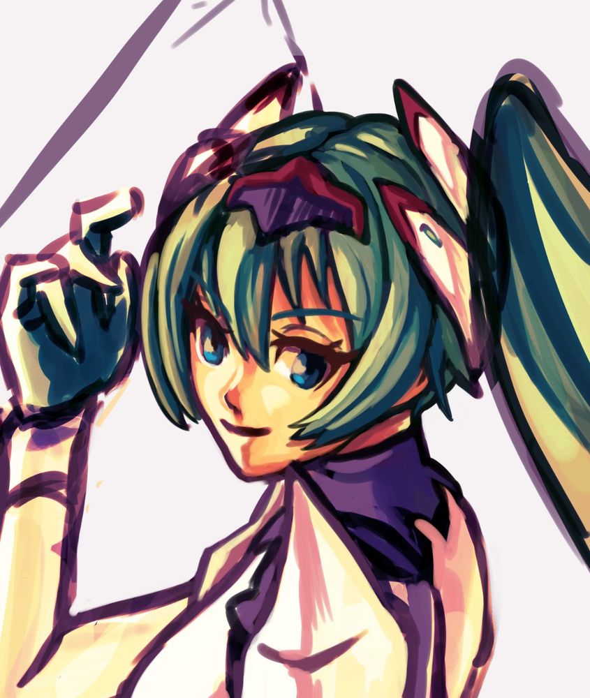 a close up of the 2025 racing spa hatsune miku designed by saitom, her face very rendered while everything else is Getting There...