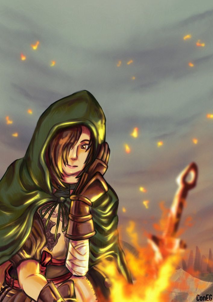 the emerald herald from dark souls 2, sitting on a rock by the majula bonfire with a smile and one hand against the side of her head. embers scatter around in the hazy sky near her 🎨