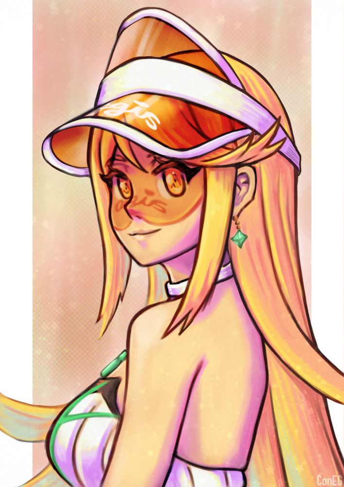 a portrait of mythra from xenoblade chronicles 2 in her radiant beach swimsuit, looking to her side and lightly smiling. she's wearing an orange transluscent visor that has the text "Aegis" on the brim and in shadow across her cheeks and nose (but the e is barely visible due to perspective! just trust me!)

it's a reference to the espresso visor sabrina carpenter wears in her music video for that song. considering the chorus references the nintendo switch, figured i'd draw a blonde nintendo gal that debuted on the system with it! 🎨
