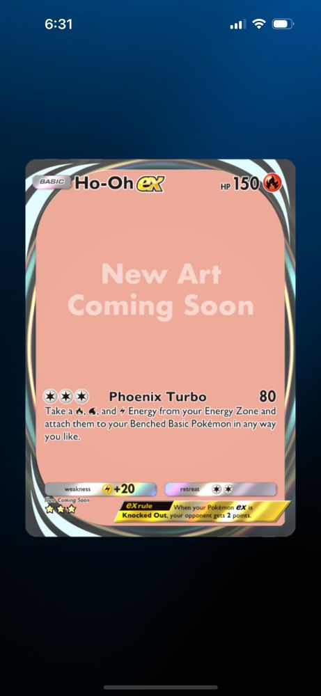 screenshot of pokémon tcg pocket showing the immersive ho-oh with placeholder “new art coming soon”