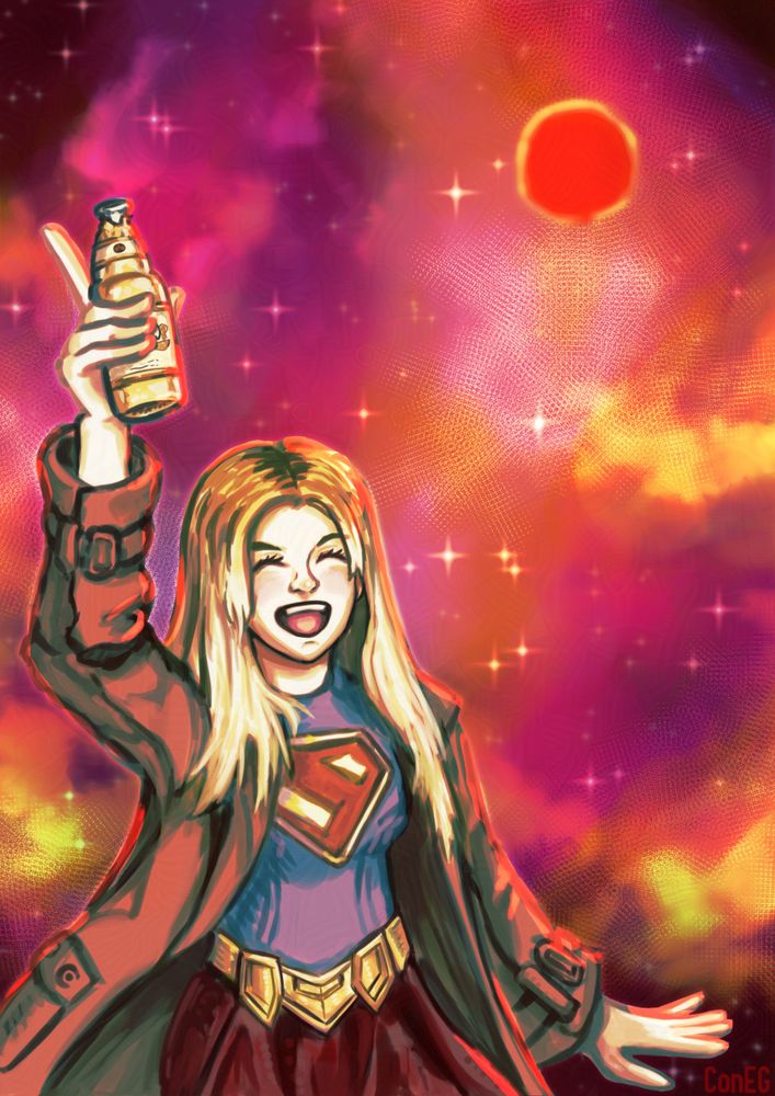 supergirl, or kara zor-el, as seen in the dcu films wearing a supersuit with the house of el "s" emblem, a gold belt, and crimson skirt. on top of that is a large, brown, and fashionable trenchcoat. supergirl has her eyes closed and a wide open smile while holding up a modelo beer bottle. behind her is a radiant outerspace sky of reds, oranges, purples, and yellows while a red sun beats down and gives a glow around supergirl. 🎨