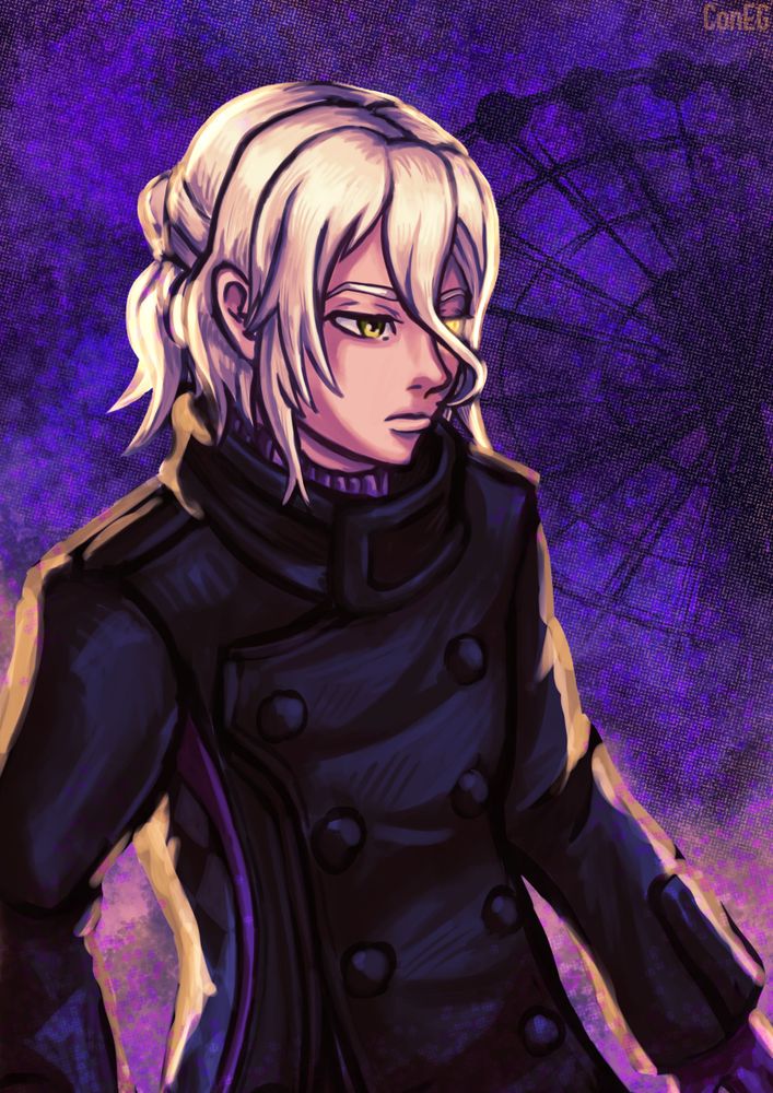 kaname date from the ai: the somnium files series with a neutral expression and his left eye (where our good friend aiba is) glowing yellow. behind him is a hazy purple and yellow background that is giving yellow backlight on date's hair and jacket. the rough outline of the bloom park ferris wheel can be seen on the right side 🎨
