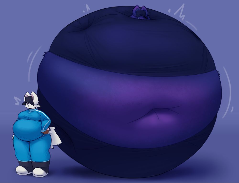 my sona bebo depicted twice next to each other. on the left, she is standing up, looking at the viewer, with her arm resting against her hip, she is wearing a light blue/turquoise colored tracksuit along with her regular cap and shoes. on the right, positioned slightly behind herself on the left, is herself again, but inflated into a huge blueberry. she is wearing the same outfit, but it is now completely tinted a bluish purple like her body. both the outfit and the blueberry shape are imitating the ones from the '05 charlie and the chocolate factory film, hence "paying homage"