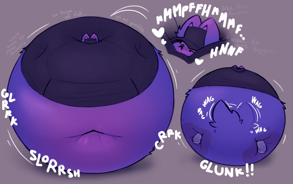 my permaberry sona bebo, in 3 different views. the 1st shows her front on, swollen huge and round, her face is not even visible as it is sunken in too far into her body. the 2nd, smaller view shows only her face and how squished it is, she has an extremely flustered expression. the 3rd view shows her from the back, we can barely see the tips of her ears poking out from the top of her body, the main things visible are the soles of her shoes poking out from her huge body, and her tail, which is wagging back and forth happily