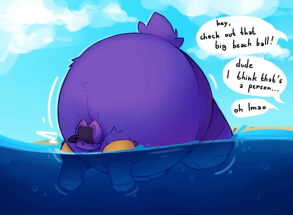 my permaberry sona bebo in the water, she is in the ocean by the beach, she is floating on top of it with most of her spherical body above the surface, she is floating belly down, with her arms and paws in the water, she has floaties on her arms, helping her float. there is a conversation happening off to the right, there are 3 speech bubbles, "hey, check out that big beach ball!", "dude I think that's a person...", "oh lmao"