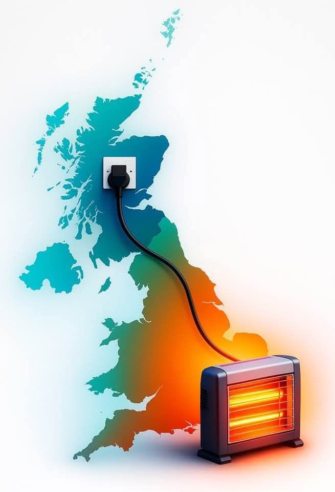 Fire plugged in to map of Scotland, heating the south of England 