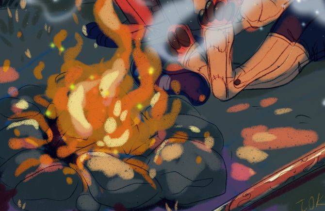 A campfire burns at the feet of two characters who are mostly out of view. A wood stick lays next to the fire