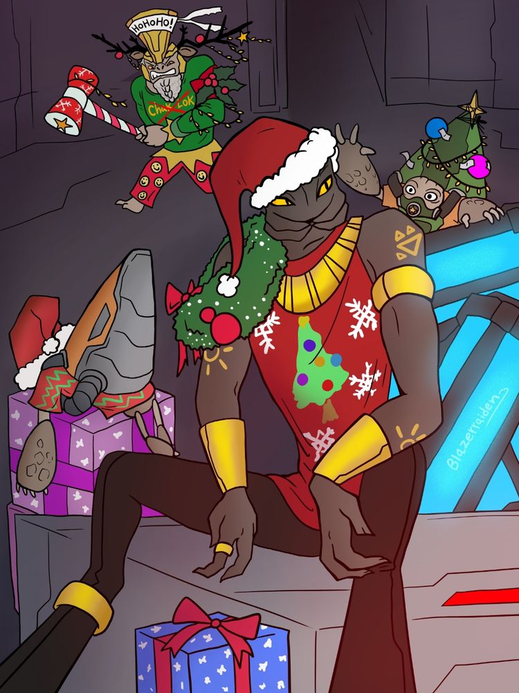 An elite called Chak 'Lok sitting n posing for camera... A grunt sneakily trying to steal his santa hat... And as usual Bassus is jealous of Chak and hating him, so he's coming to get his ass with a... Hammer