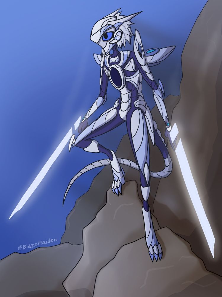 Alien in white armor with two white laser swords standing on mountain rocks