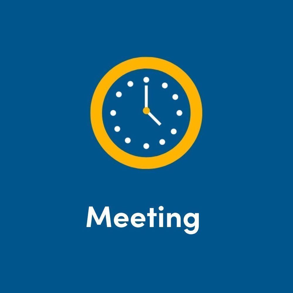 A graphic with a blue background and an icon of a clock and the word 'Meeting'. 