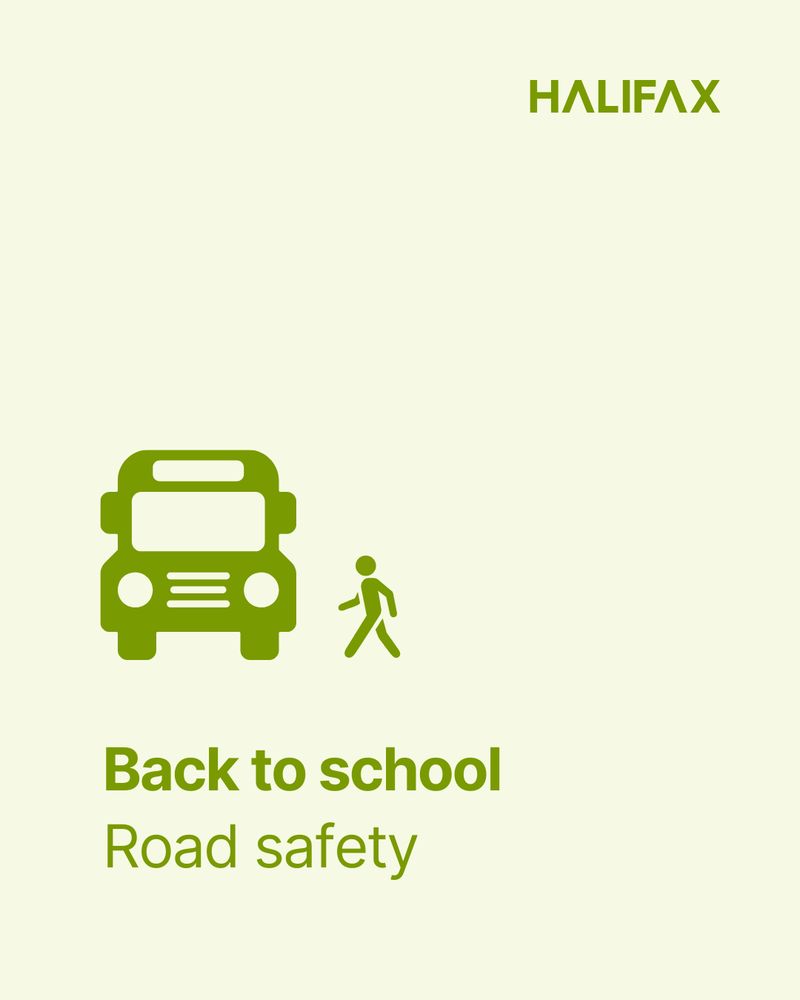 Light green background with a school bus and child icon. Text reads: Back to school. Road safety.